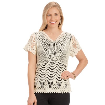 Collections Etc Intricate Crochet V-Neck Short Sleeve Sweater