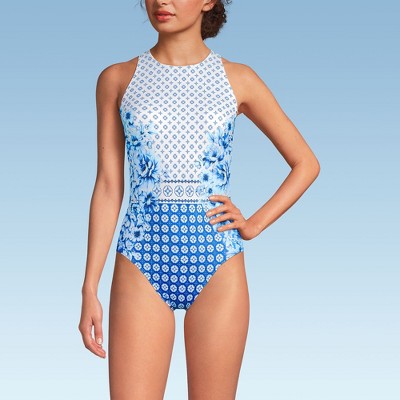 Lands' End Women's Tugless High Neck Portrait Back One Piece Swimsuit