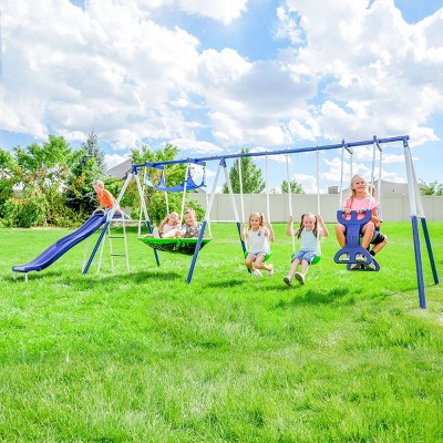 Blue Metal Outdoor Swing and Slide Set with Glider
