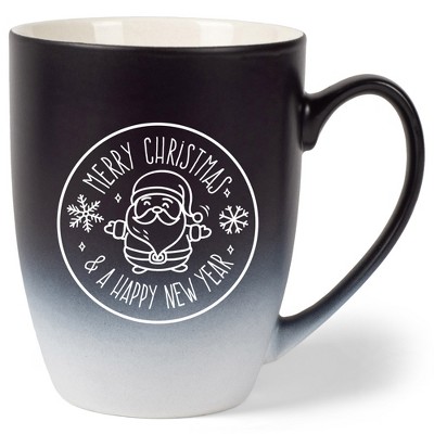 Elanze Designs Merry Christmas & A Happy New Year Santa Two Toned Ombre Matte Black and White 12 ounce Ceramic Stoneware Coffee Cup Mug