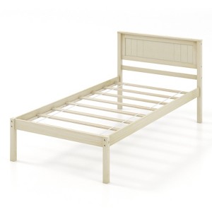 Infans Twin Size Wooden Platform Bed Frame with Headboard Mattress Foundation Natural - 1 of 4