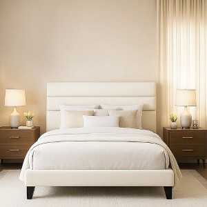 Velvet Upholstered Bed with Wooden Slats, No Box Spring Needed, Easy Assembly - 1 of 4