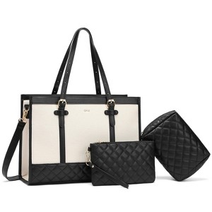 3pcs Laptop Bag for Women,15 Inch Canvas+Leather Laptop Tote Bag Work Bags Large Capacity Business Computer Briefcase - 1 of 4