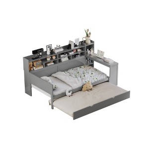 Sevobal Beds Wooden Twin Size Daybed with Storage Drawers Shelves Trundle and Study Desk for Bedroom and Study Spaces, Gray, 91.3"*49.9"*44.9" - 1 of 4