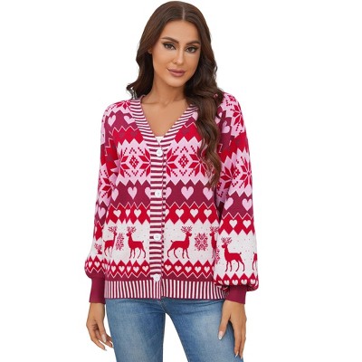 Coolmee Womens Christmas Print Long Sleeve Front Button Down Cardigan Casual Lightweight Sweaters