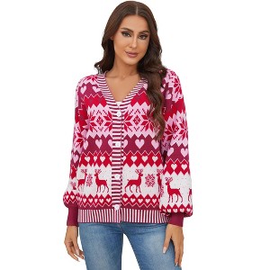 Coolmee Womens Christmas Print Long Sleeve Front Button Down Cardigan Casual Lightweight Sweaters - 1 of 4