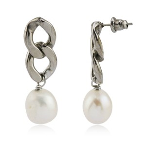 Stainless Steel Curb Chain Drop Earring with Pearl - 1 of 1