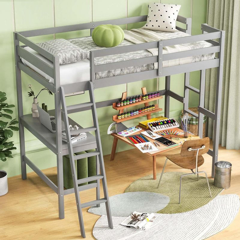 Costway Twin Size Loft Bed w/ Desk & Shelf 2 Ladders & Guard Rail for Kids Teens Bedroom Brown/Grey/White, 5 of 11