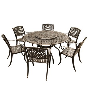 7pc Patio Dining Set with 59" Rose Ornate Traditional Mesh Lattice Aluminum Round Table with Lazy Susan - Bronze - Oakland Living - 1 of 4