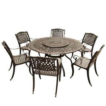 7pc Patio Dining Set with 59" Rose Ornate Traditional Mesh Lattice Aluminum Round Table with Lazy Susan - Bronze - Oakland Living