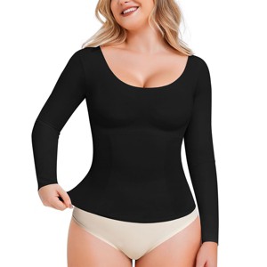 NEBILITY Long Sleeve Tummy Control Body Suits for Womens Slimming Crew Neck Top - 1 of 4