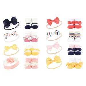 Hudson Baby Infant Girl 16Pc Headband and Socks Set, Pink Yellow Flower Coral Stripe, One Size - 1 of 3