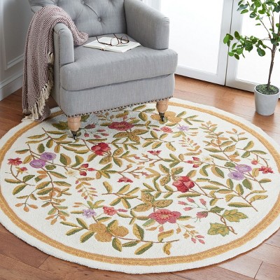 Ivory Floral Elegance Round Wool Rug 3' Hand-Knotted