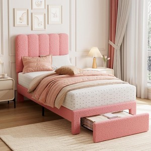 Twin Bed Frame with Drawer, Upholstered Platform Bed with Wave Headboard, Wooden Slats Support, No Box Spring Needed, Noiseless - 1 of 4