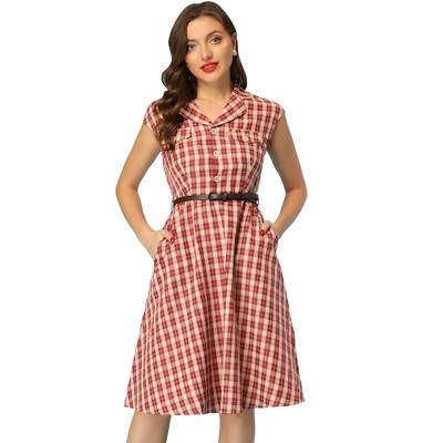 Allegra K Women's Retro Button Front Belted Cap Sleeve A-line Plaid Dress