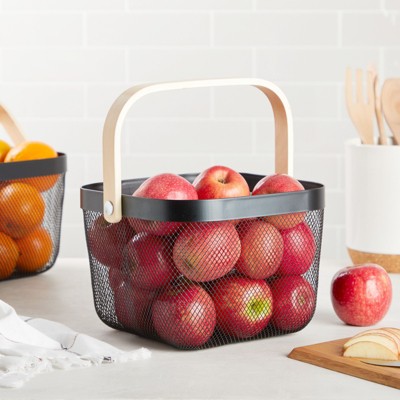 Black Square Metal Mesh Fruit Basket with Wooden Handle, 9.5 x 7 inches, Set of 4