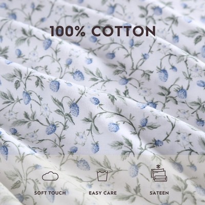 Blue Floral Print Cotton Queen Sheet Set