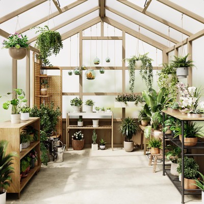 8x8FT Outdoor Wooden Greenhouse with Lockable Door Adjustable Vent Polycarbonate Panels Heavy Duty Garden Yard Greenhouse Light Brown