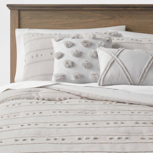 5pc Full/Queen Clipped Stripe Poms Comforter Bedding Set Gray - Threshold™