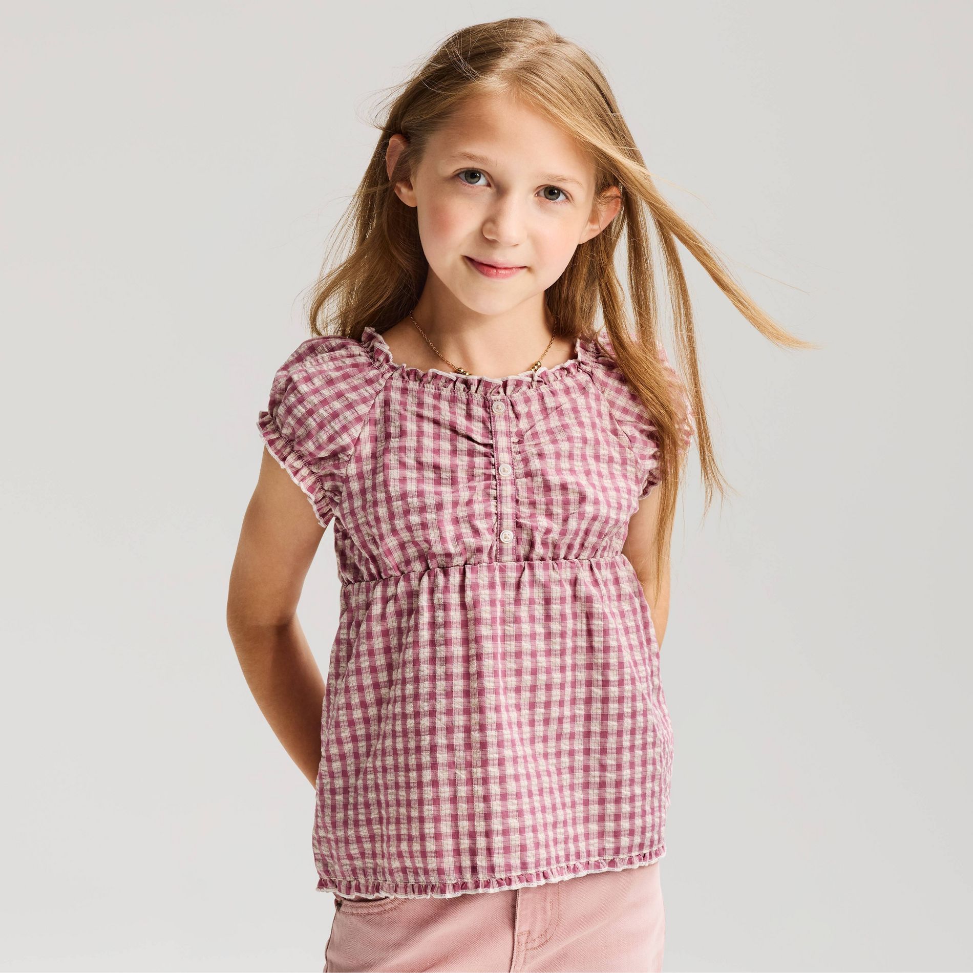 Girls' Short Sleeve Woven Gingham Blouse - Cat & Jack™ Mauve L