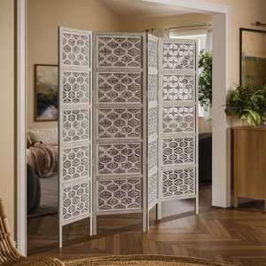 Royal Hampton 4 Panel Folding Room Divider Screen with Floral Carved Design in Mango Wood - 1 of 4