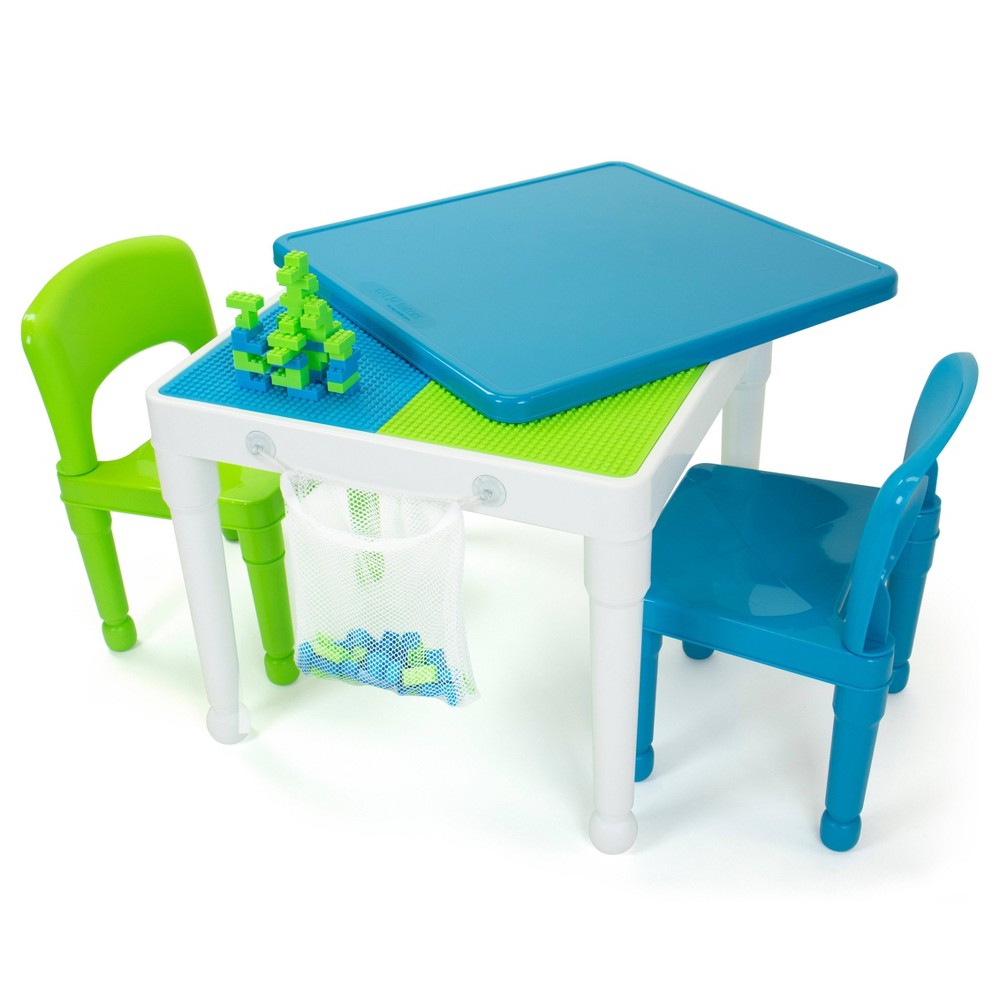 3pc Kids' 2 in 1 Square Activity Table with Chairs and 100pc Building Blocks White/Green/Blue - Humble Crew
