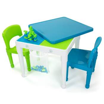 3pc Kids' 2 in 1 Square Activity Table with Chairs and 100pc Building Blocks White/Green/Blue - Humble Crew