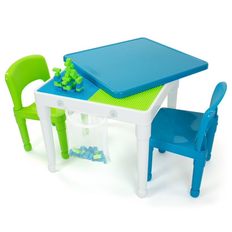 3pc Kids&#39; 2 in 1 Square Activity Table with Chairs and 100pc Building Blocks White/Green/Blue - Humble Crew, 1 of 12