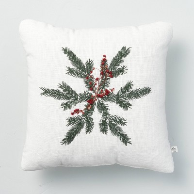 14" x 14" Foliage Snowflake Seasonal Throw Pillow Green/Red - Hearth & Hand™ with Magnolia