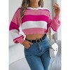 Women's Color Block Puff Sleeve Cropped Pullover Sweater Casual Knit Top - 4 of 4