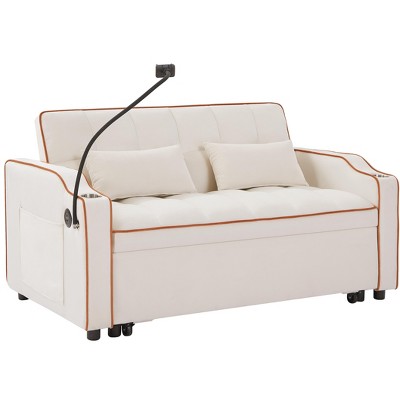 VYNXARIA versatile foldable sofa bed in 3 length, Modern sofa velvet pull-out bed, adjustable back with USB port , ashtray ,swivel phone stand,Beige