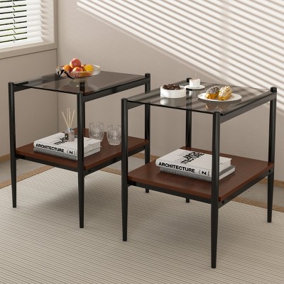 Set of 2 Modern Rectangle Side Tables, Tempered Glass Top with MDF Layer and Iron Frame, End Tables for Living Room or Bedroom – Cuddlewood