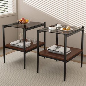 Set of 2 Modern Rectangle Side Tables, Tempered Glass Top with MDF Layer and Iron Frame, End Tables for Living Room or Bedroom – Cuddlewood - 1 of 4