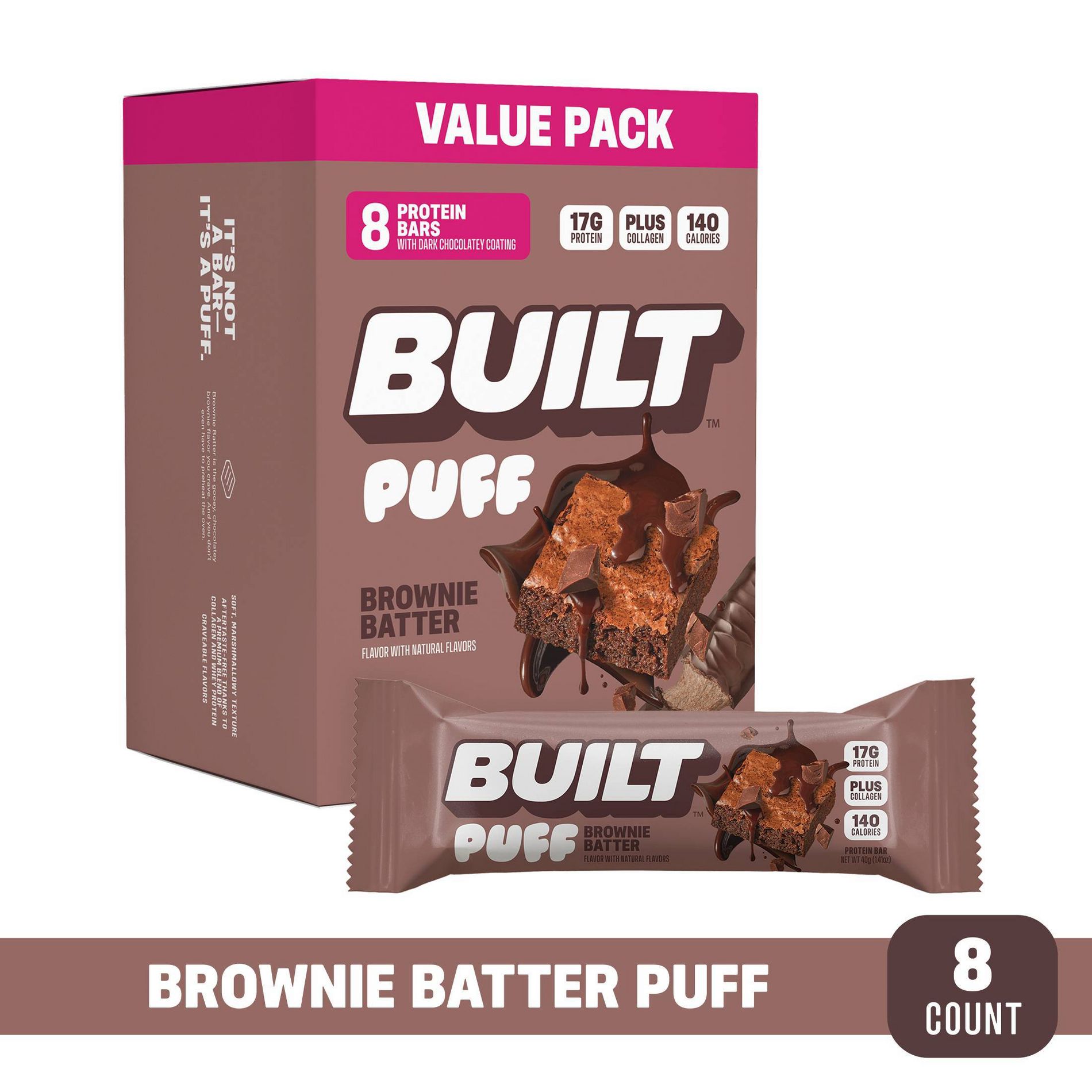 Built Bar Puff Brownie Batter Protein Bars - 17g Protein - 1.41oz/8ct: Chewy, Ready to Eat
