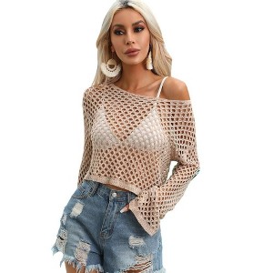 Coolmee Women Mesh Crochet Crop Top Long Sleeve Hollow Out Knit Sweater Bikini Beach See Through Cover Ups - 1 of 4