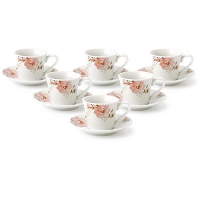 Lorren Home 2oz.Espresso Set-Service for Six Pink Floral and Butterfly Design