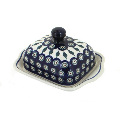 Blue Rose Polish Pottery Peacock Square Butter Dish