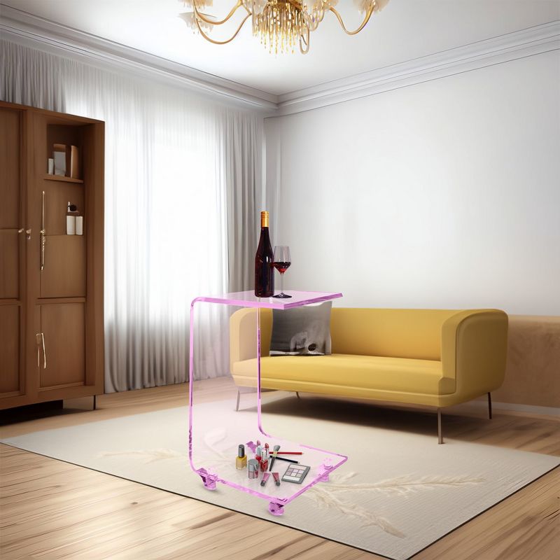 Designstyles Luxurious Acrylic C Shaped Table With Pink edge, on Wheels, Beautiful Living Room Decor, Perfect For Sofas and Beds, 4 of 6