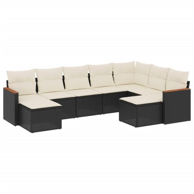 vidaXL 9 Piece Patio Sofa Set with Cushions Black Poly Rattan - Black and Cream Without Table