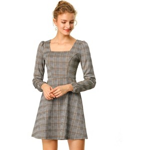 Allegra K Women's Fall Vintage Square Neck Long Sleeve Plaid Dress - 1 of 4