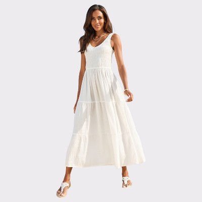 Women's Smocked V-Neck Maxi Dress - LASCANA