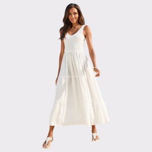 Women's Smocked V-Neck Maxi Dress - LASCANA - 1 of 4