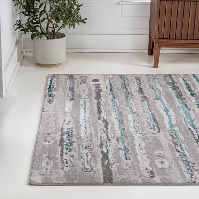 Gray and Turquoise Synthetic Stripe 3'x5' Area Rug