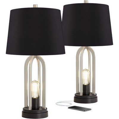 360 Lighting Industrial Table Lamps Set of 2 with Nightlight USB LED Brushed Nickel Black Drum Shade Living Room Bedroom House