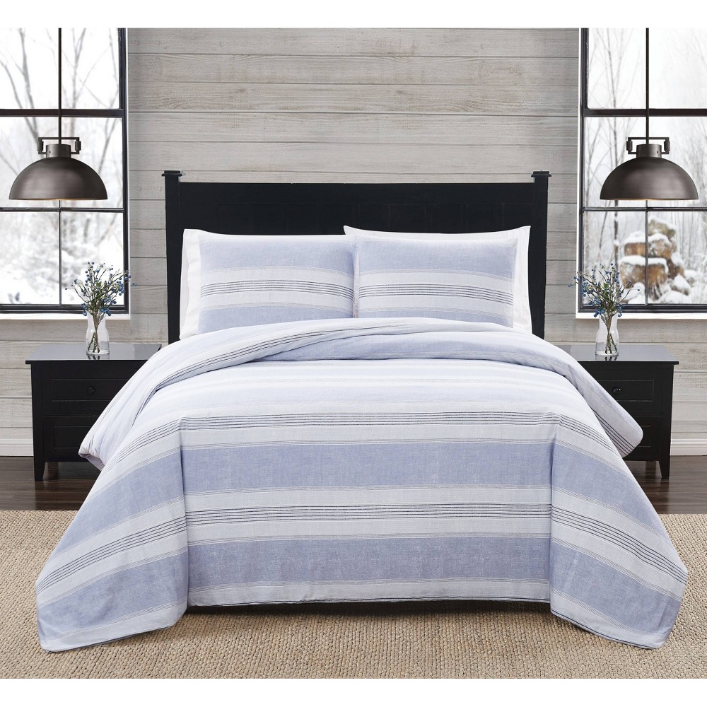 Photos - Duvet 3pc Full/Queen Stripe Flannel Comforter Set Blue/White - London Fog