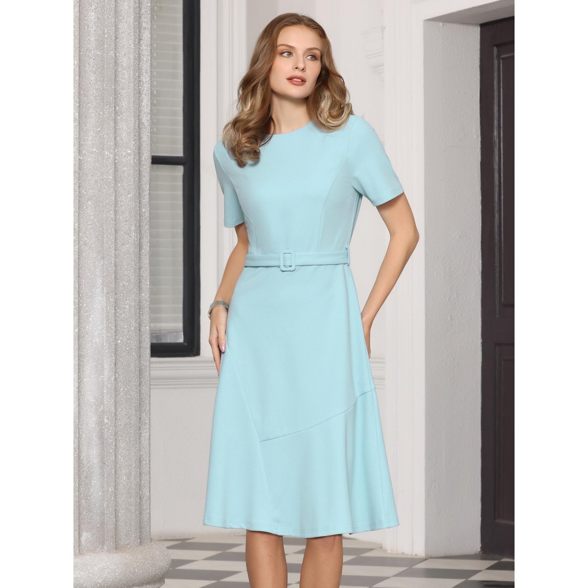 Женские платья INSPIRE CHIC Women's A Line Work Short Sleeve Crew Neck Ruffle Flare Dresses with Belted Large Light Blue — фото 2