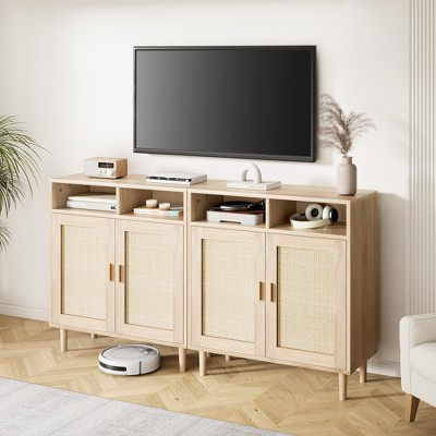 2PCS 36" Modern Rattan Sideboard Cabinet - 2-Door Storage Buffet with Shelf, Boho TV Stand & Coffee Bar for Dining Room, Kitchen & Entryway
