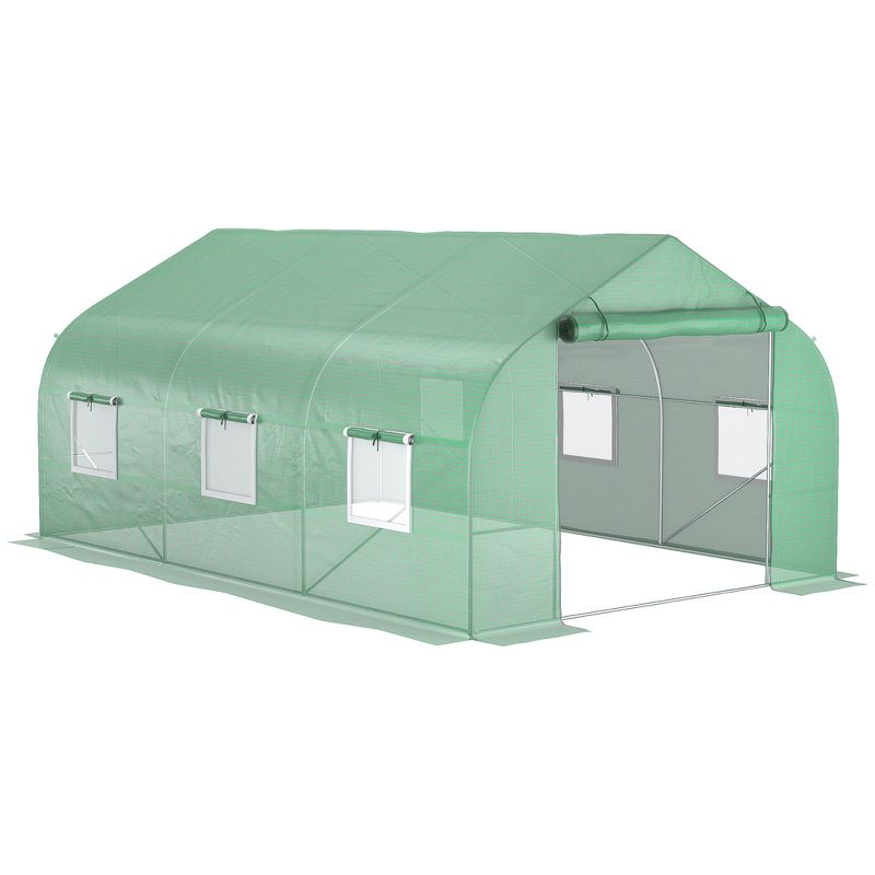 Outsunny 9.8' x 11.4' x 6.8' Outdoor Walk-In Tunnel Greenhouse Hot House with Roll-up Windows, Zippered Door, PE Cover, Green, 5 of 7