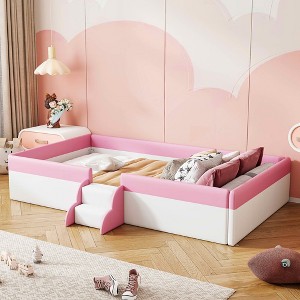 MAYEERTY Twin Size Upholstered Daybed Frame, Fence Stairs, Kids Bedroom, Pink & White - 1 of 4