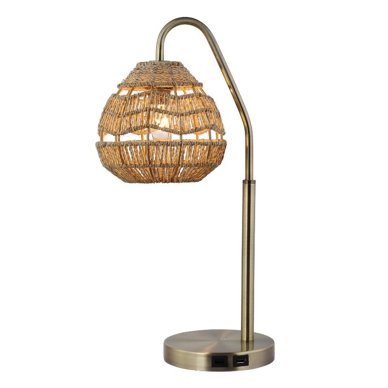 Alina High Brushed Gold Iron Touch Operation Table Lamp with Round Tan Hemp Rope Shade and 2 USB Ports - River of Goods, 1 of 11